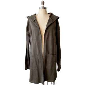 Open Front Hoodie Jacket Womens L Olive Green Cotton Blend Pockets Hem & Thread